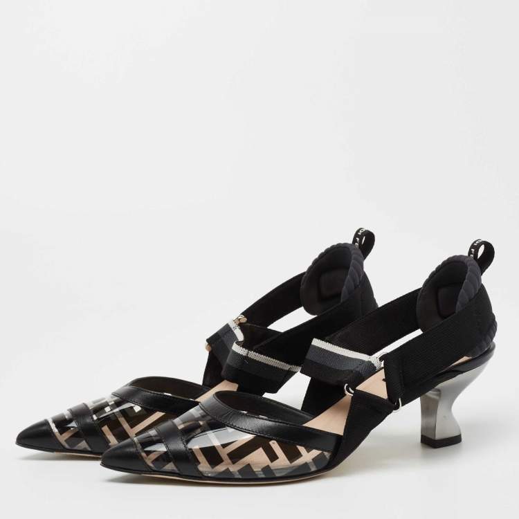Pre Owned Fendi Black Leather and Zucca PVC Colibri Slingback Pumps Size 37