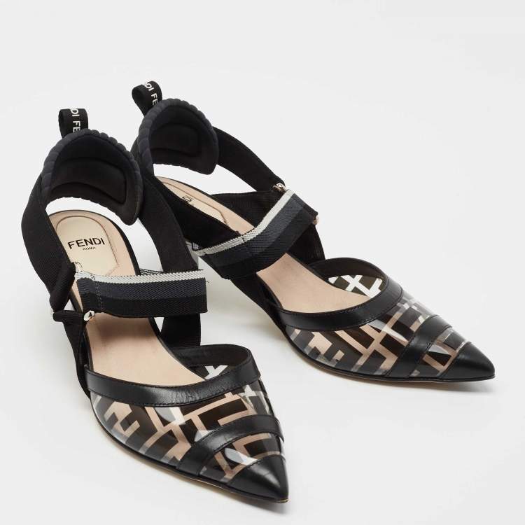 Pre Owned Fendi Black Leather and Zucca PVC Colibri Slingback Pumps Size 37