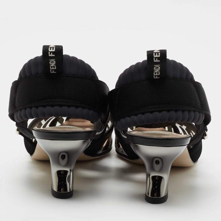 Pre Owned Fendi Black Leather and Zucca PVC Colibri Slingback Pumps Size 37