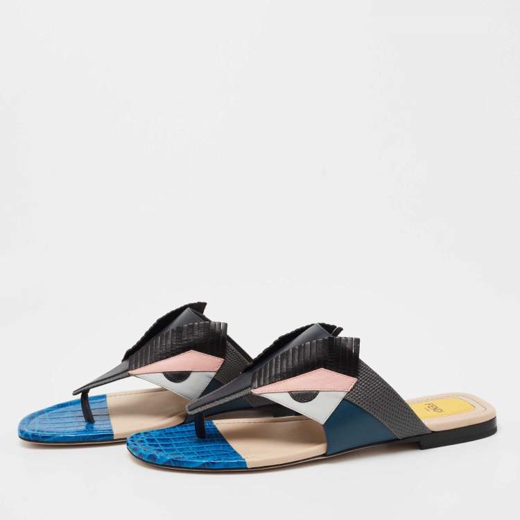 Pre Owned Fendi Multicolor Leather Bug Monster Thong Sandals Size 39