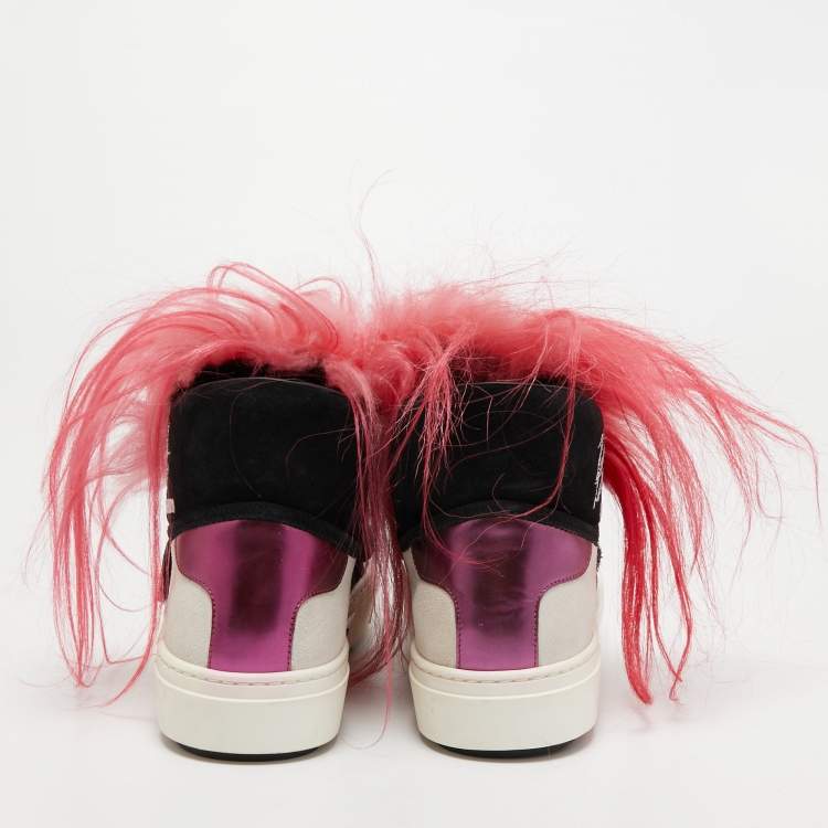 Pre Owned Fendi Multicolor Leather, Suede and Fur Karlito Sneakers Size 40