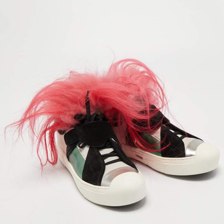 Pre Owned Fendi Multicolor Leather, Suede and Fur Karlito Sneakers Size 40