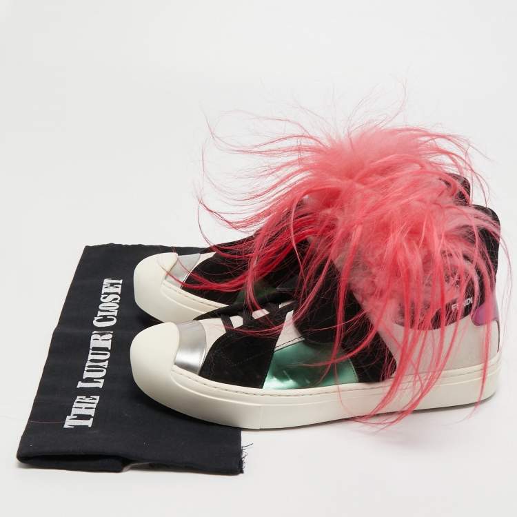 Pre Owned Fendi Multicolor Leather, Suede and Fur Karlito Sneakers Size 40