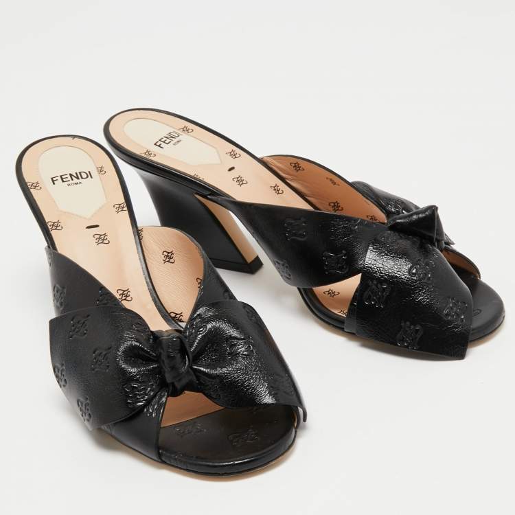 Pre Owned Fendi Black Leather Bow FF Karligraphy Slide Sandals Size 38