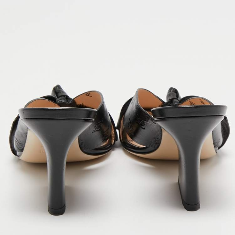 Pre Owned Fendi Black Leather Bow FF Karligraphy Slide Sandals Size 38