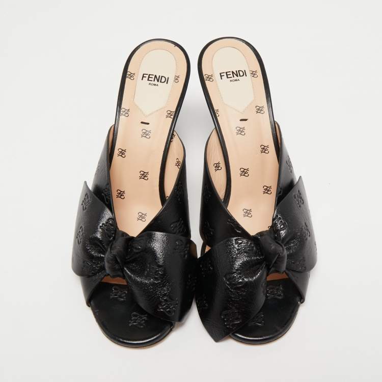 Pre Owned Fendi Black Leather Bow FF Karligraphy Slide Sandals Size 38