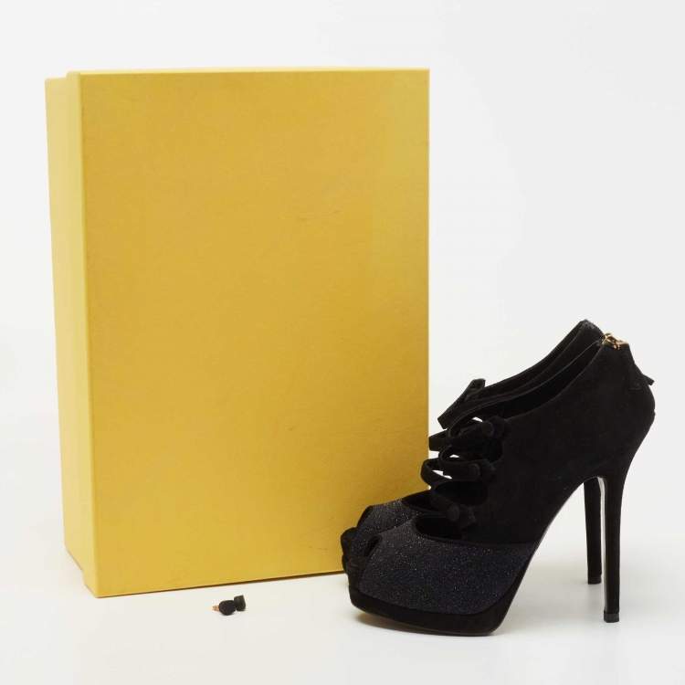 Pre Owned Fendi Black Suede and Glitter Peep Toe Booties Size 36