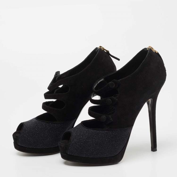 Pre Owned Fendi Black Suede and Glitter Peep Toe Booties Size 36