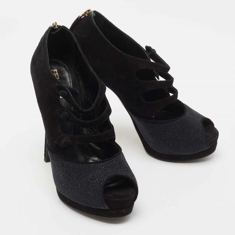 Pre Owned Fendi Black Suede and Glitter Peep Toe Booties Size 36