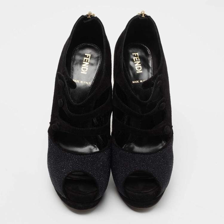 Pre Owned Fendi Black Suede and Glitter Peep Toe Booties Size 36