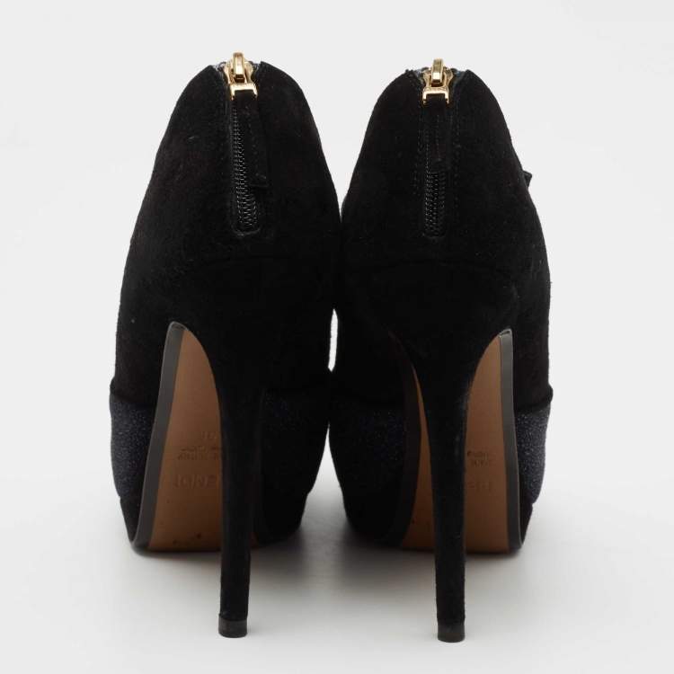 Pre Owned Fendi Black Suede and Glitter Peep Toe Booties Size 36