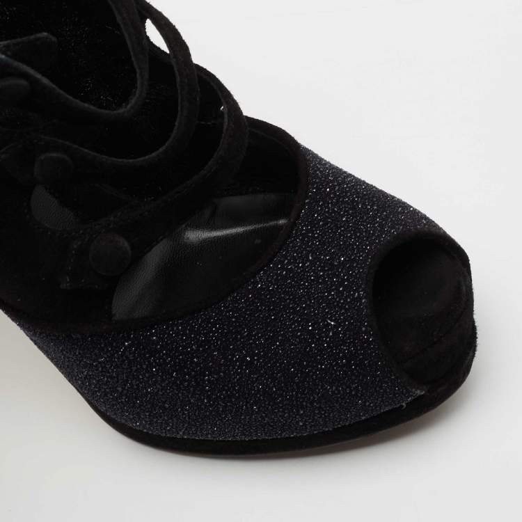 Pre Owned Fendi Black Suede and Glitter Peep Toe Booties Size 36