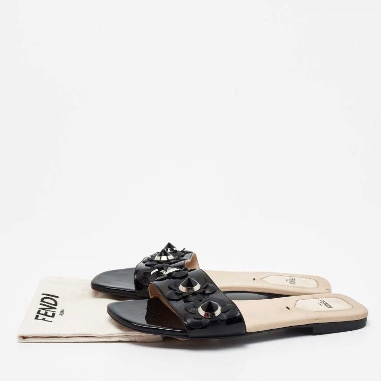 Pre Owned Fendi Black Patent Leather Flowerland Flat Slides Size 37.5 