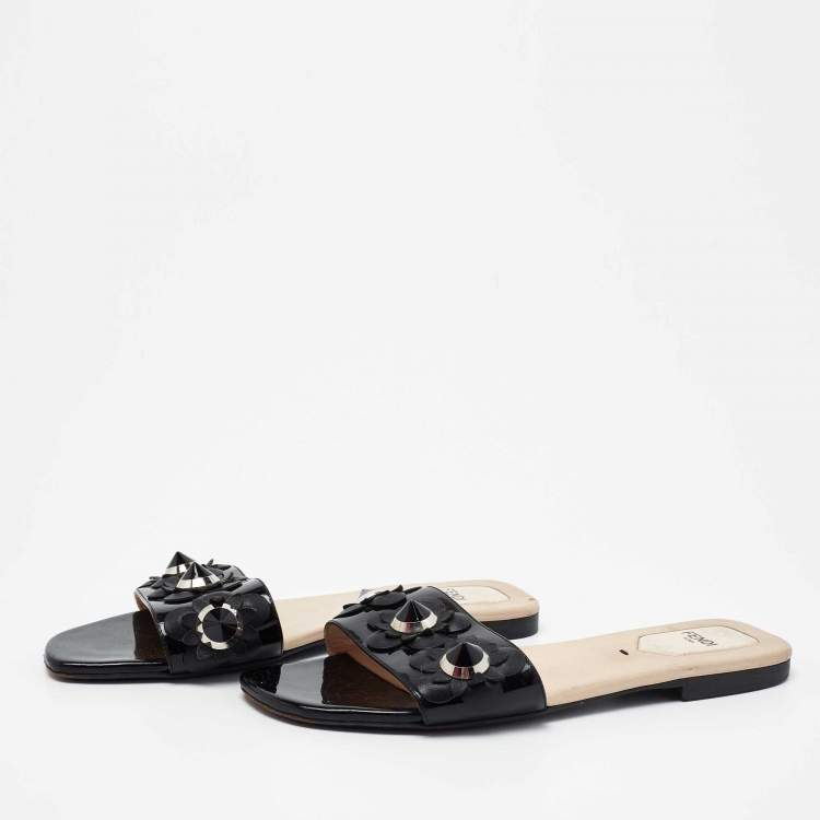 Pre Owned Fendi Black Patent Leather Flowerland Flat Slides Size 37.5 
