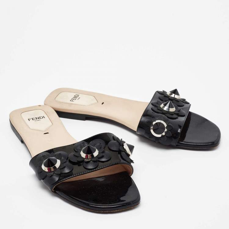 Pre Owned Fendi Black Patent Leather Flowerland Flat Slides Size 37.5 