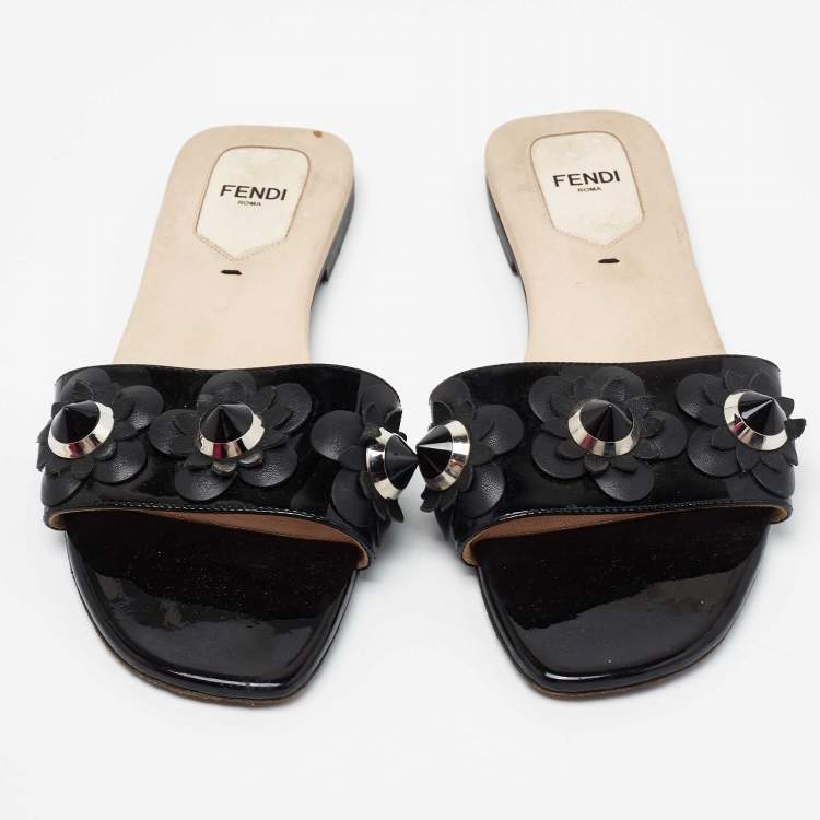 Pre Owned Fendi Black Patent Leather Flowerland Flat Slides Size 37.5 