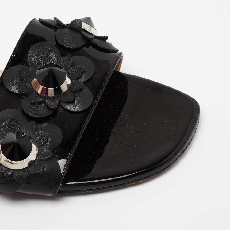 Pre Owned Fendi Black Patent Leather Flowerland Flat Slides Size 37.5 