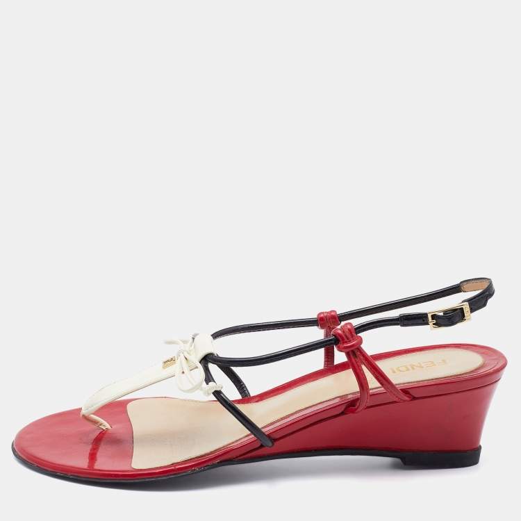 مملوكة مسبقًا Fendi Multicolor Patent Leather Strappy Wedge Sandals Size 37.5