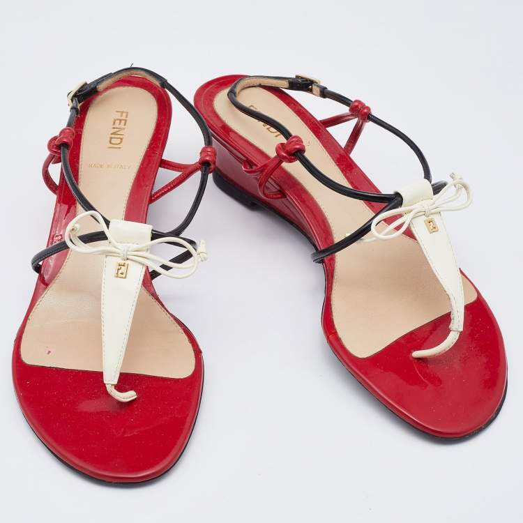 مملوكة مسبقًا Fendi Multicolor Patent Leather Strappy Wedge Sandals Size 37.5