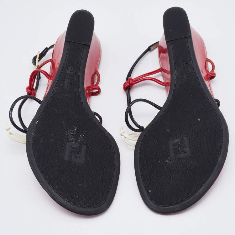 مملوكة مسبقًا Fendi Multicolor Patent Leather Strappy Wedge Sandals Size 37.5