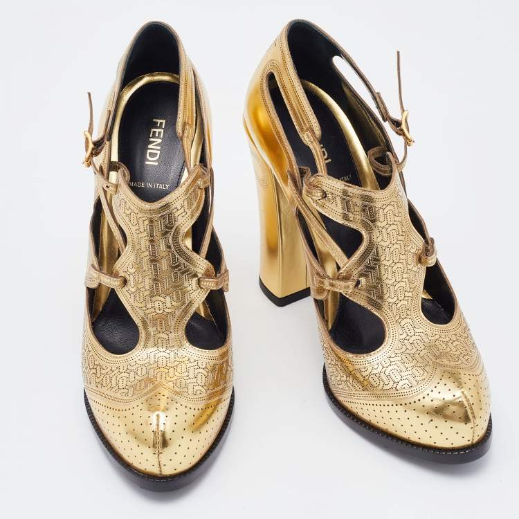 مملوكة مسبقًا Fendi Metallic Gold Perforated Leather Platform Booties Size 38
