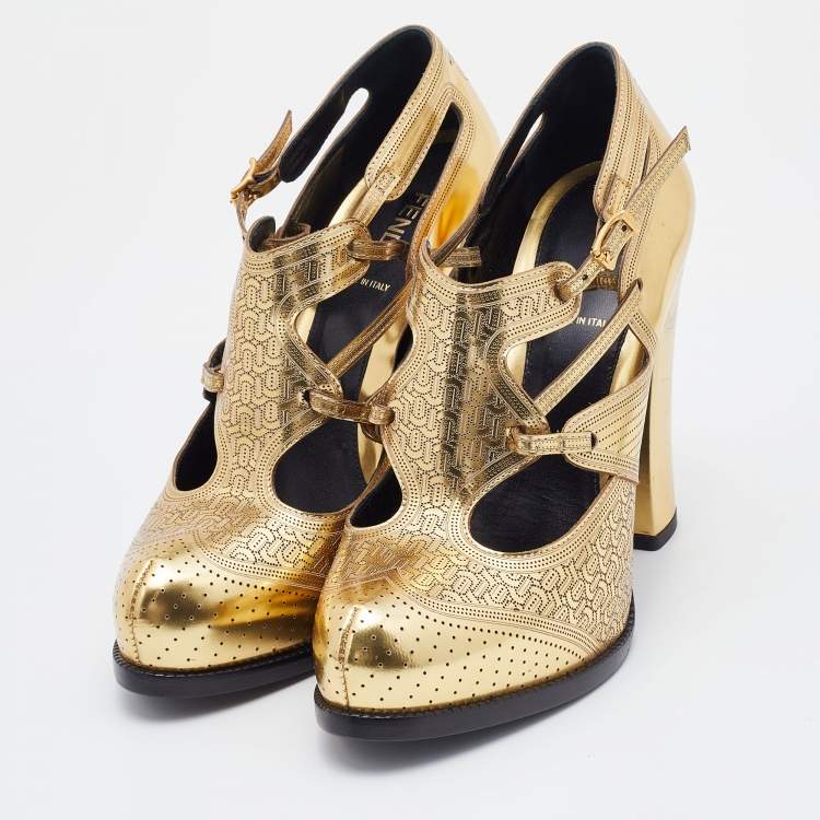 مملوكة مسبقًا Fendi Metallic Gold Perforated Leather Platform Booties Size 38