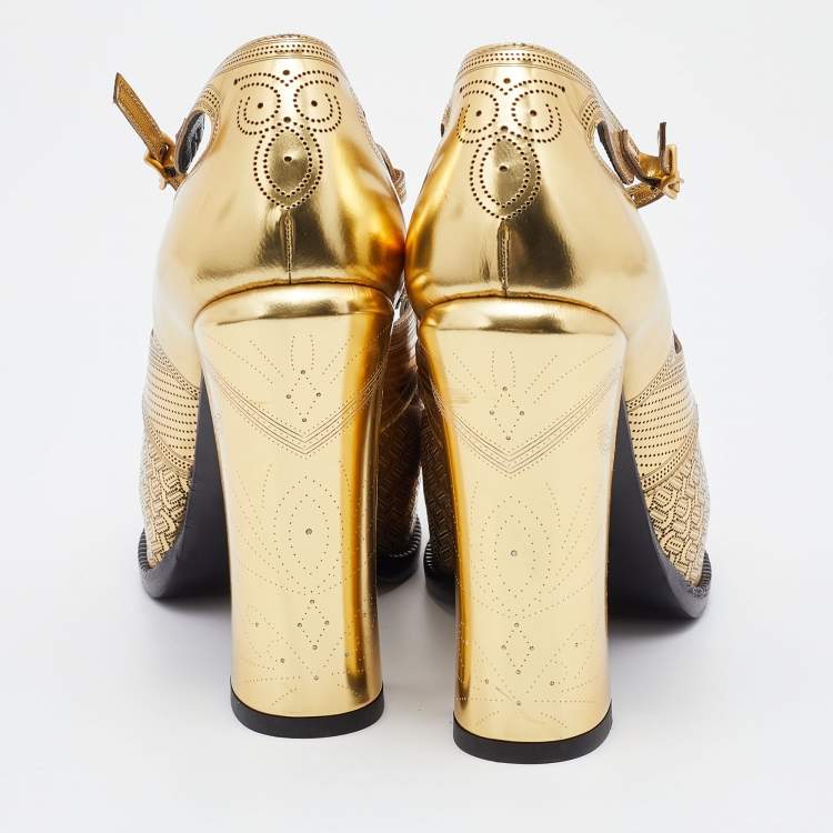 مملوكة مسبقًا Fendi Metallic Gold Perforated Leather Platform Booties Size 38