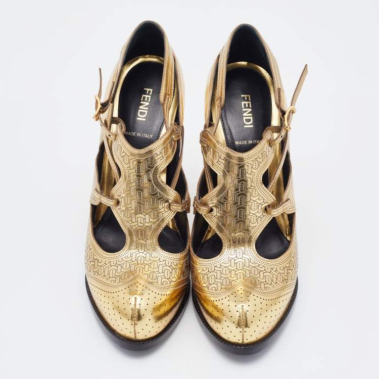 مملوكة مسبقًا Fendi Metallic Gold Perforated Leather Platform Booties Size 38