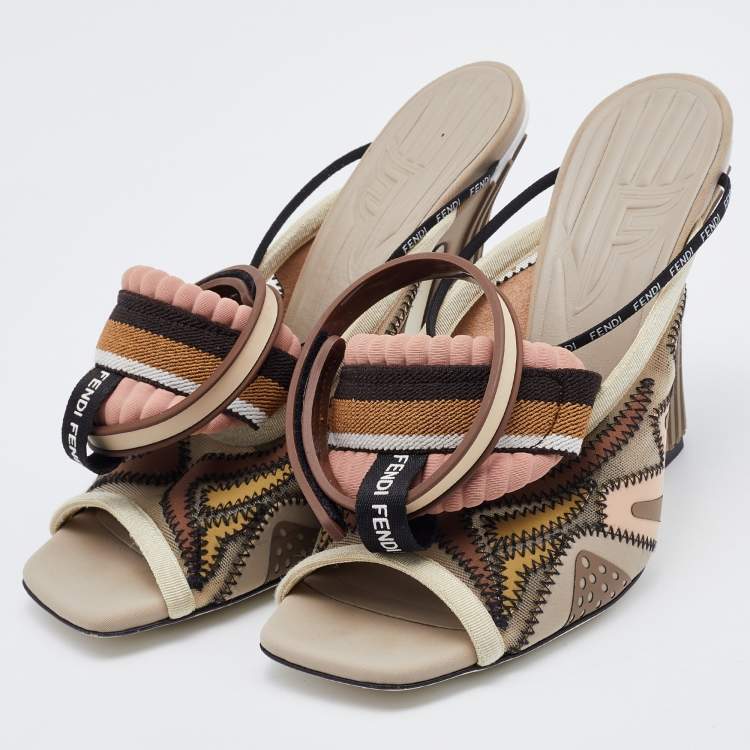 Pre Owned Fendi Multicolor Fabric and Mesh FF Freedom Patchwork Ankle Strap Sandals Size 37