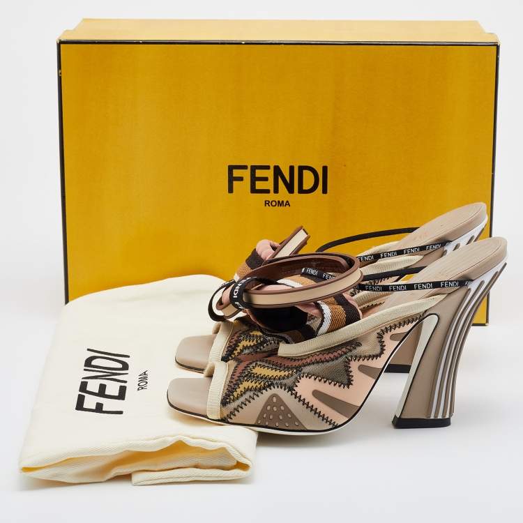 Pre Owned Fendi Multicolor Fabric and Mesh FF Freedom Patchwork Ankle Strap Sandals Size 37