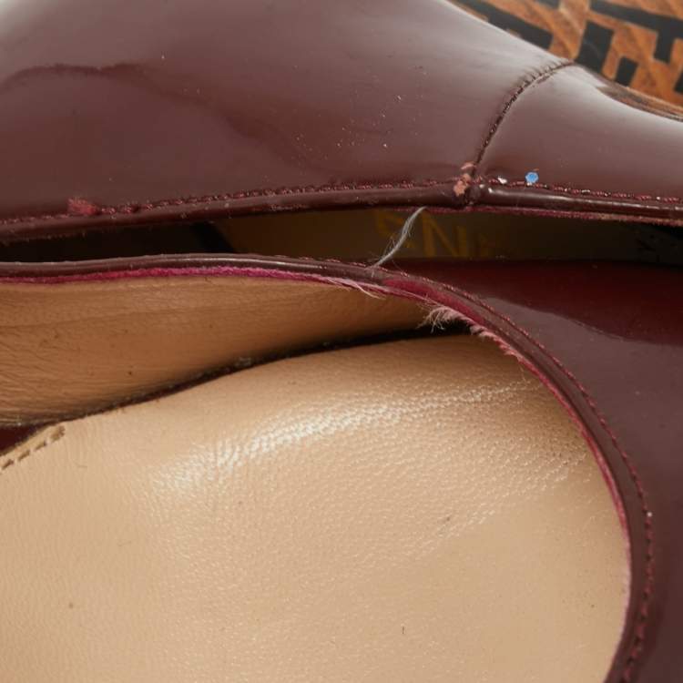 Pre Owned Fendi Burgundy Patent Leather Zucca Print Heel Peep Toe Pumps Size 38