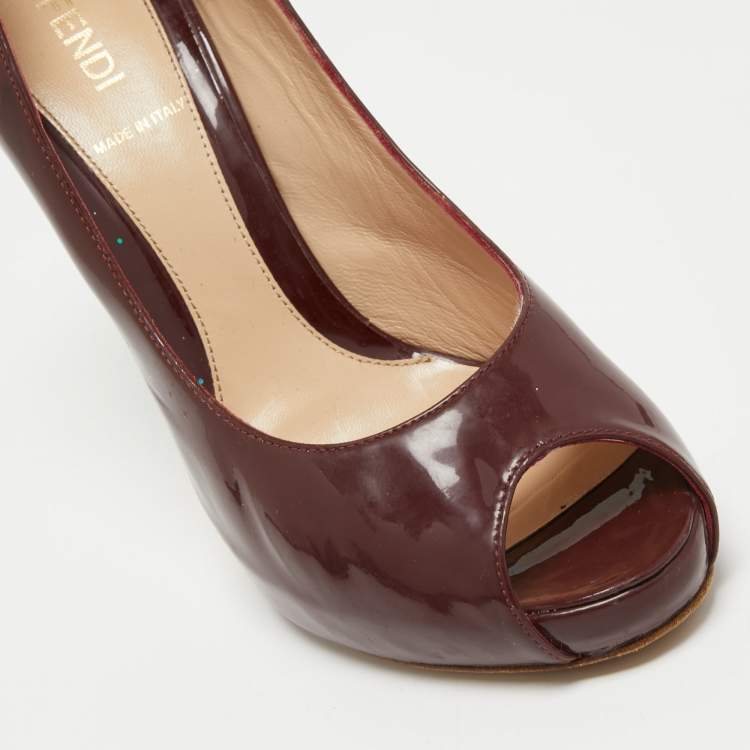 Pre Owned Fendi Burgundy Patent Leather Zucca Print Heel Peep Toe Pumps Size 38
