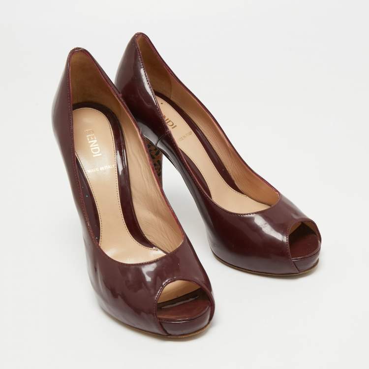 Pre Owned Fendi Burgundy Patent Leather Zucca Print Heel Peep Toe Pumps Size 38