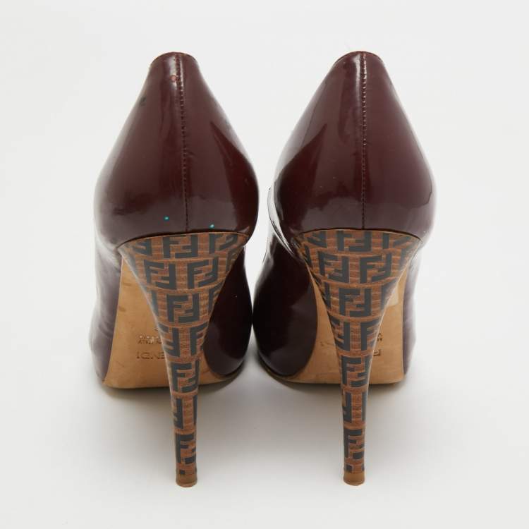 Pre Owned Fendi Burgundy Patent Leather Zucca Print Heel Peep Toe Pumps Size 38