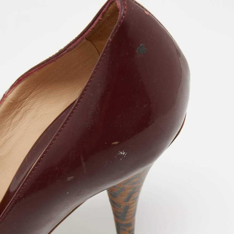 Pre Owned Fendi Burgundy Patent Leather Zucca Print Heel Peep Toe Pumps Size 38