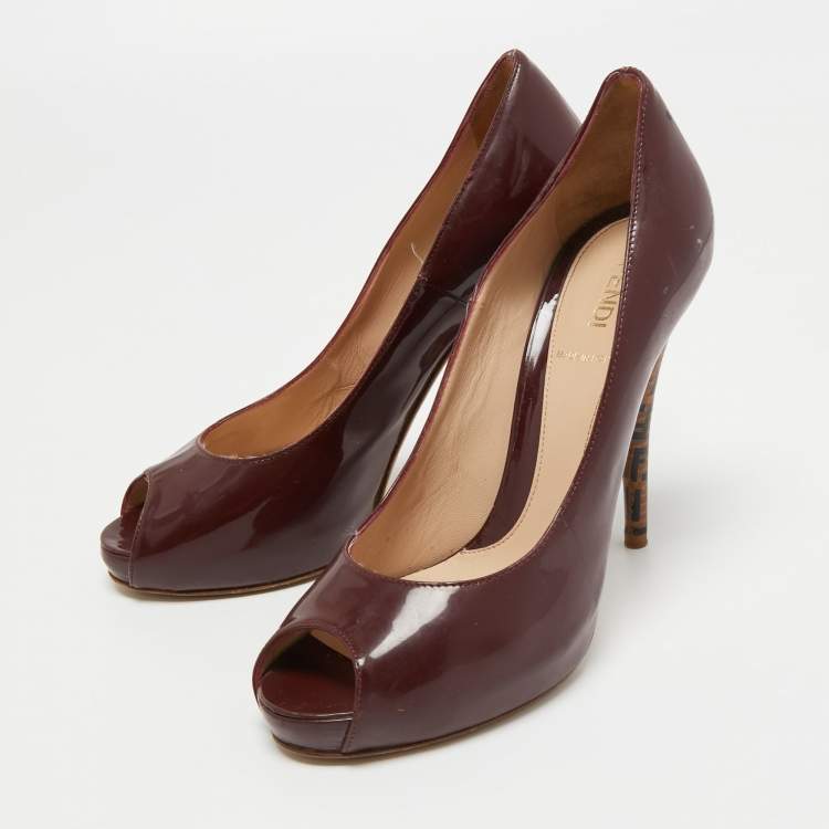 Pre Owned Fendi Burgundy Patent Leather Zucca Print Heel Peep Toe Pumps Size 38