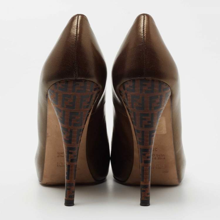 Pre Owned Fendi Metallic Brown Leather Platform FF Pumps Size 38