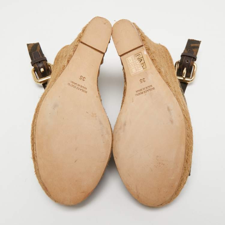 Pre Owned Fendi Brown Zucca Canvas Espadrille Wedge Platform Slingback Sandals Size 35