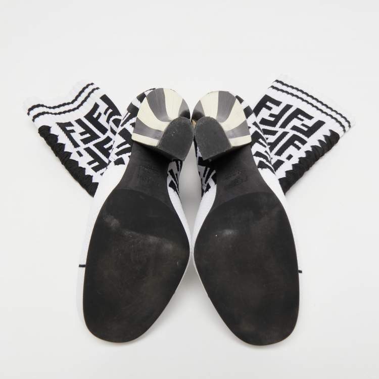 Pre Owned Fendi White/Black Knit Fabric Rockoko Ankle Boots Size 37
