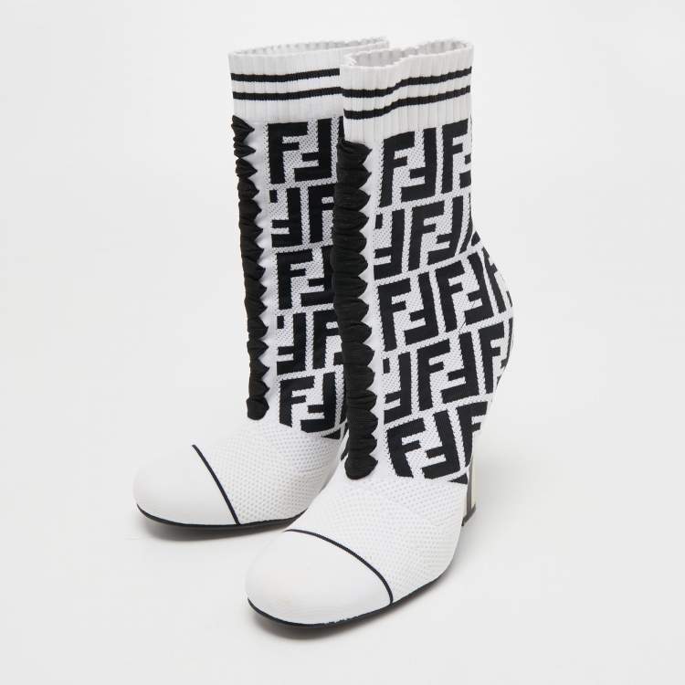 Pre Owned Fendi White/Black Knit Fabric Rockoko Ankle Boots Size 37