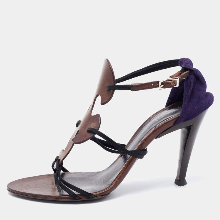 Pre Owned Fendi Multicolor Leather and Fabric Caged Ankle Strap Sandals Size 36.5