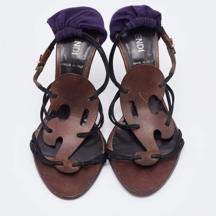 Pre Owned Fendi Multicolor Leather and Fabric Caged Ankle Strap Sandals Size 36.5