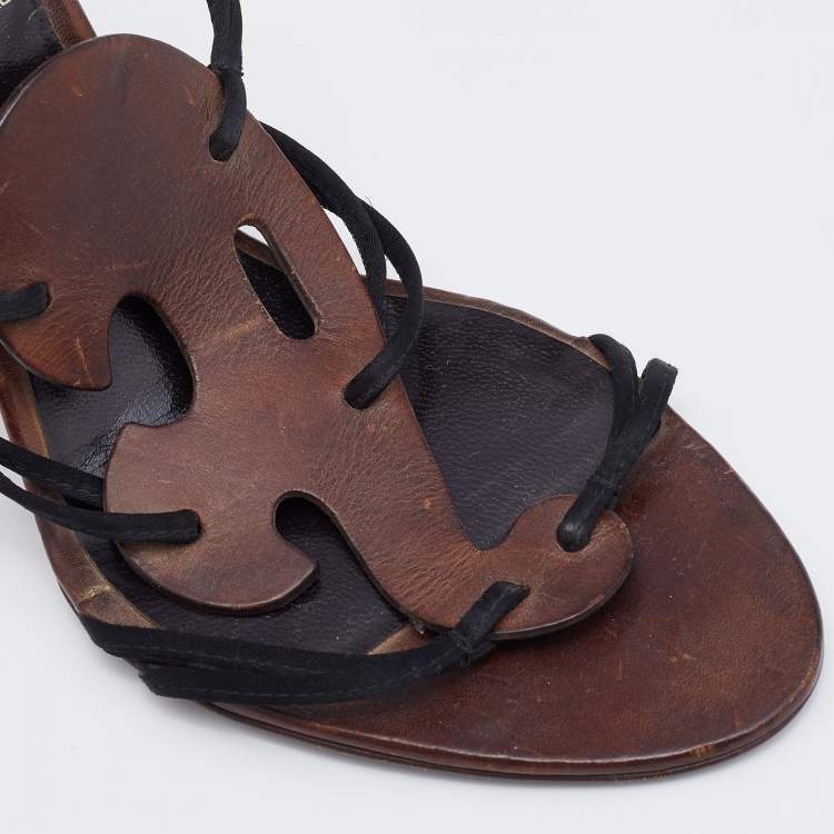 Pre Owned Fendi Multicolor Leather and Fabric Caged Ankle Strap Sandals Size 36.5