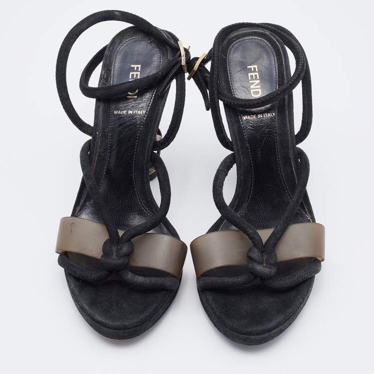Pre Owned Fendi Black Suede Metal Caged Heel Ankle Strap Platform Sandals Size 37