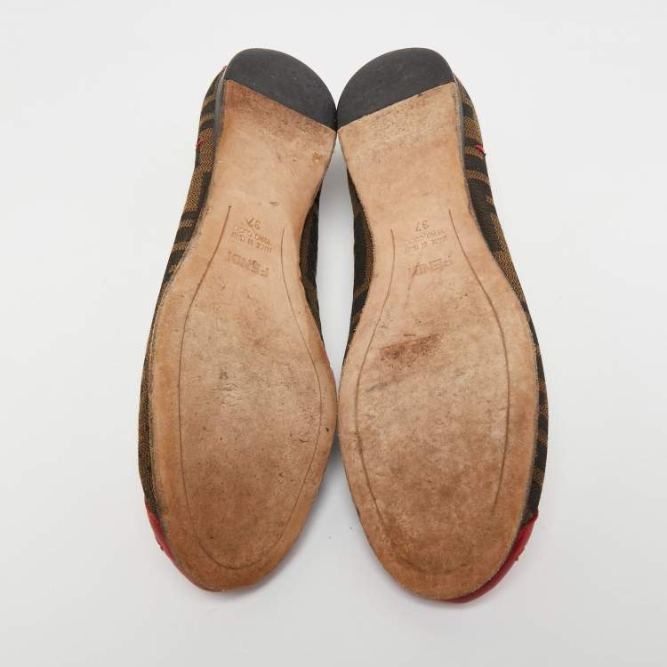 Pre Owned Fendi Brown/Red Zucca Canvas Heart Cap Toe Ballet Flats Size 37