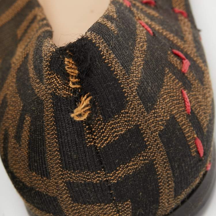 Pre Owned Fendi Brown/Red Zucca Canvas Heart Cap Toe Ballet Flats Size 37
