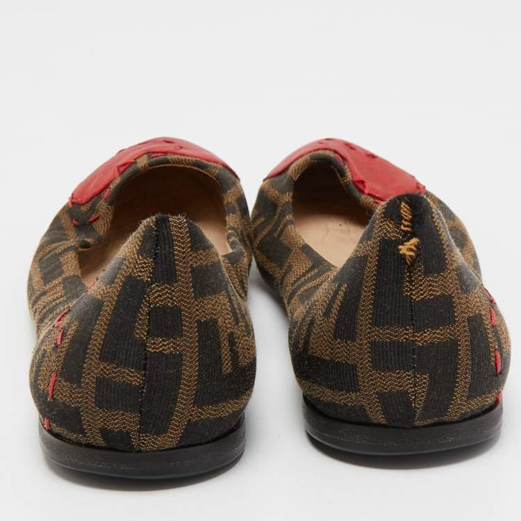 Pre Owned Fendi Brown/Red Zucca Canvas Heart Cap Toe Ballet Flats Size 37