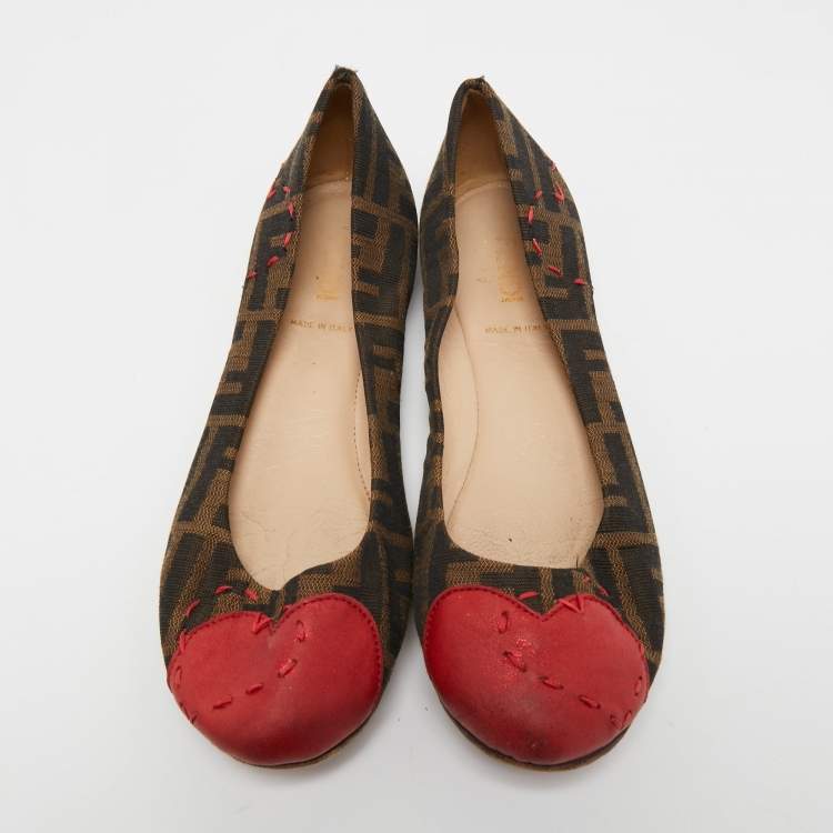 Pre Owned Fendi Brown/Red Zucca Canvas Heart Cap Toe Ballet Flats Size 37