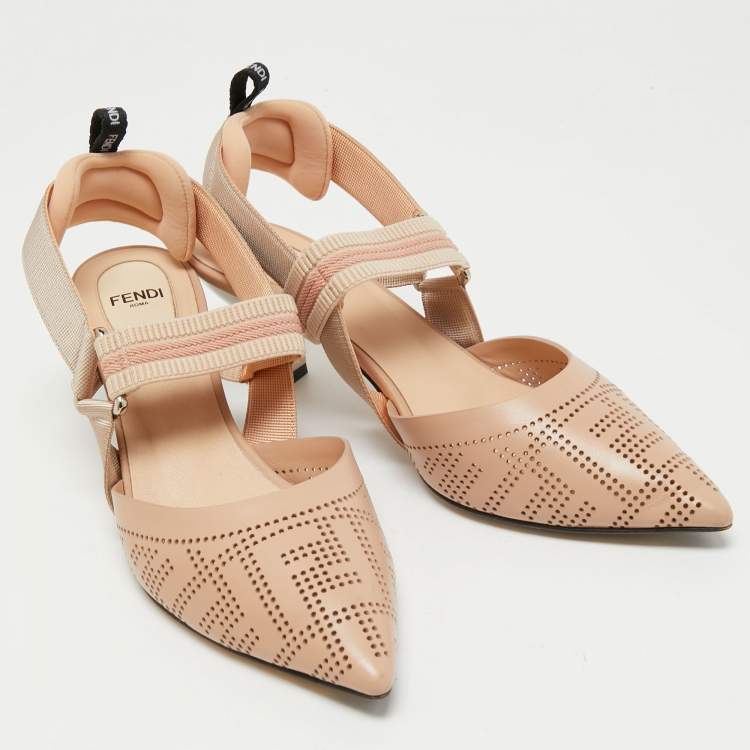 Pre Owned Fendi Beige FF Perforated Leather Colibri Slingback Pumps Size 38