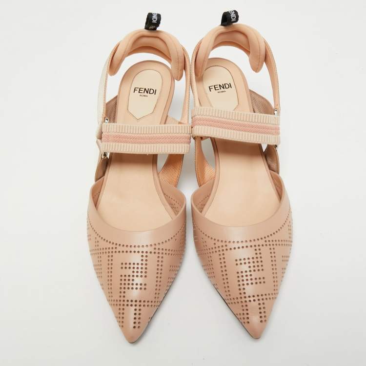 Pre Owned Fendi Beige FF Perforated Leather Colibri Slingback Pumps Size 38